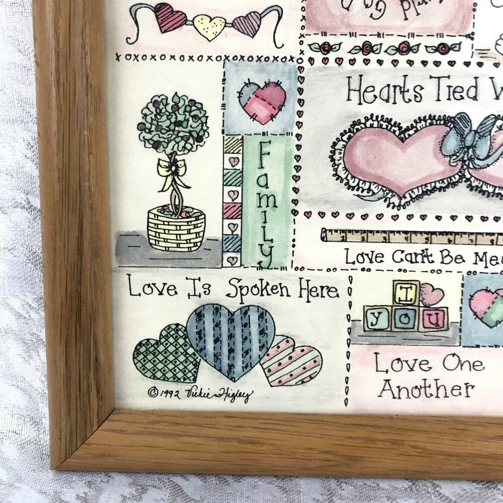Vintage 1992 Mixed Media Love Framed Art Hand-Colored Signed 12½”x10” Wall Decor